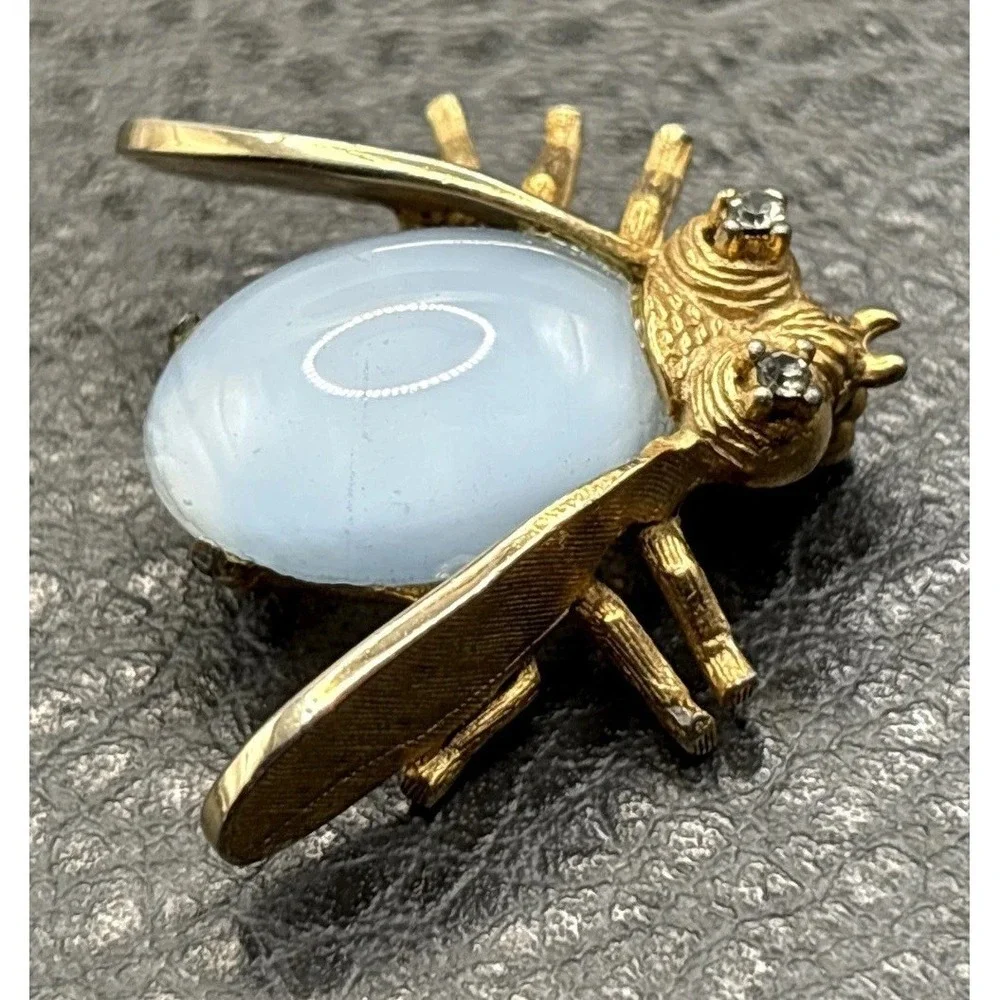 Vintage Jelly Belly Bee Insect Brooch Faux Moonstone Cabochon Crystal Rhinestone